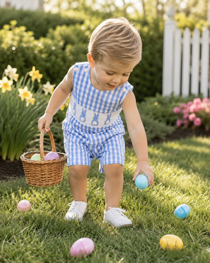 Easter Bunny Smocked Shortall in blue gingham