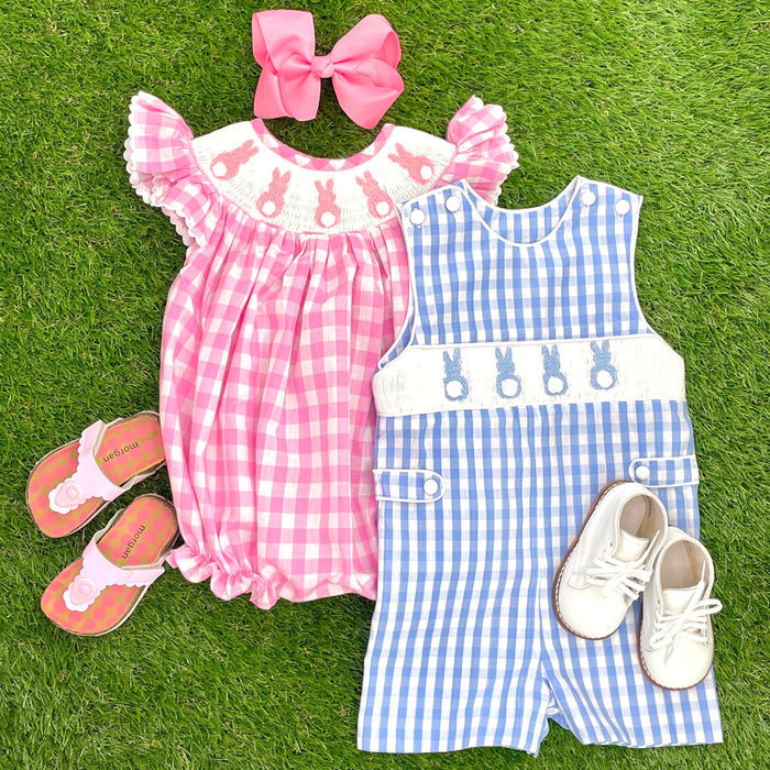 Easter Bunny Smocked Shortall in blue gingham