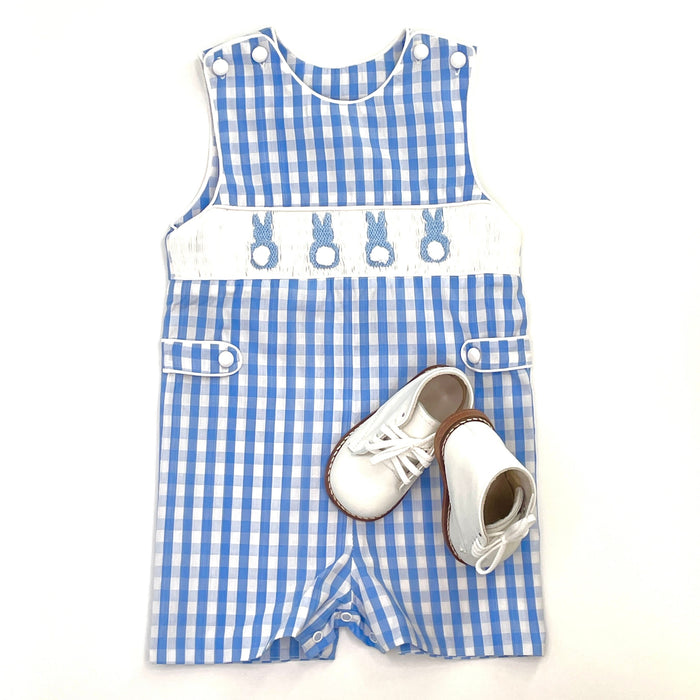 Easter Bunny Smocked Shortall in blue gingham