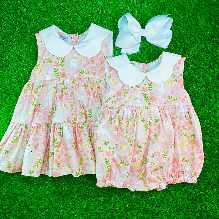 Easter Tiered Bubble with Scalloped Collar, Rabbit Bubble, Baby Girl, Vintage Style, Heirloom 719