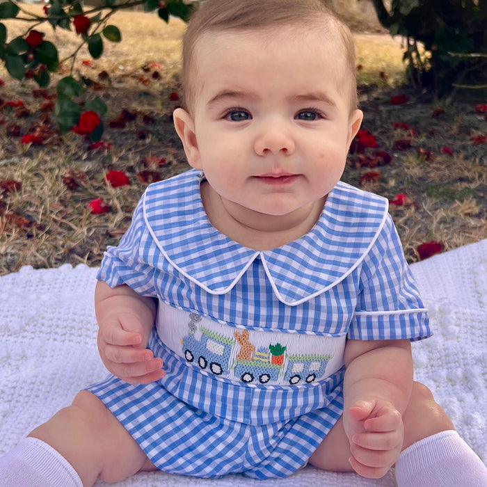 Easter Train Collared Shortall in Blue Gingham