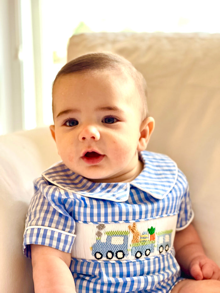 Easter Train Collared Shortall in Blue Gingham