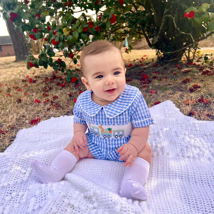 Easter Train Collared Shortall in Blue Gingham