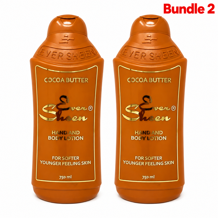 Ever Sheen Cocoa Butter Body Lotion, nourishing moisturizer enriched with cocoa butter, designed to hydrate and soften dry skin while leaving it feeling smooth, supple, and radiant-looking for daily body care.