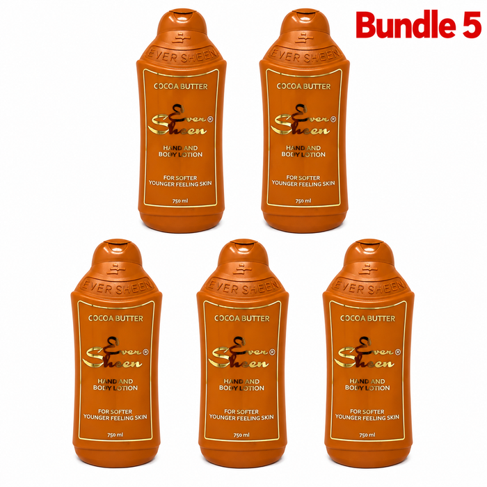 Ever Sheen Cocoa Butter Body Lotion, nourishing moisturizer enriched with cocoa butter, designed to hydrate and soften dry skin while leaving it feeling smooth, supple, and radiant-looking for daily body care.
