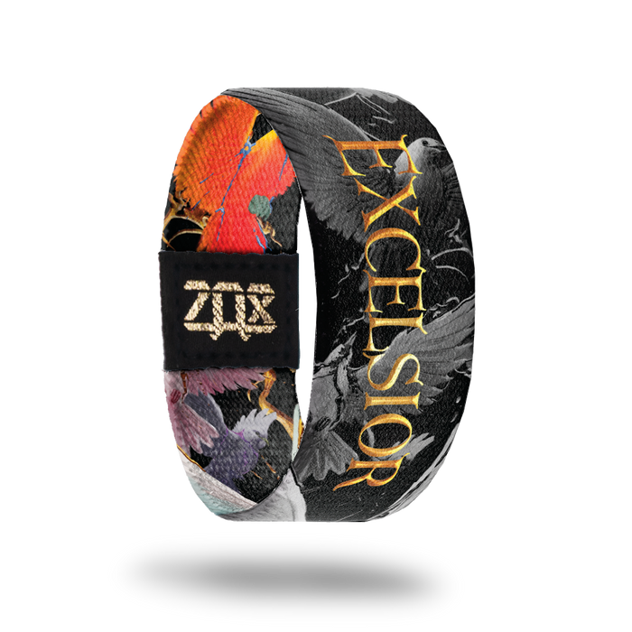 Inside Design of of Excelsior: black background with grey birds and branches with gold text ‘Excelsior’ in the middle