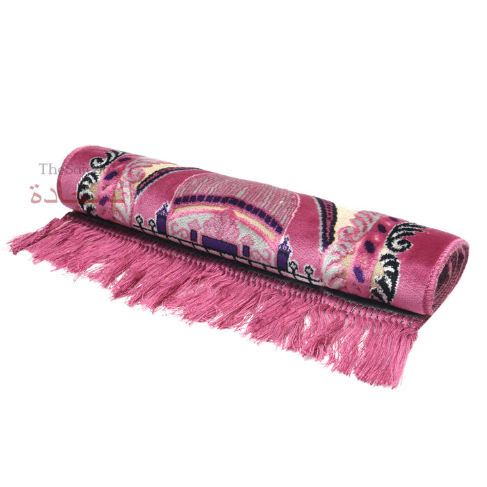 Extra Small Mini Kid's Prayer Rug Pink & Black Mosque 14x25-In (35x63cm) For Salat Ja Namaz