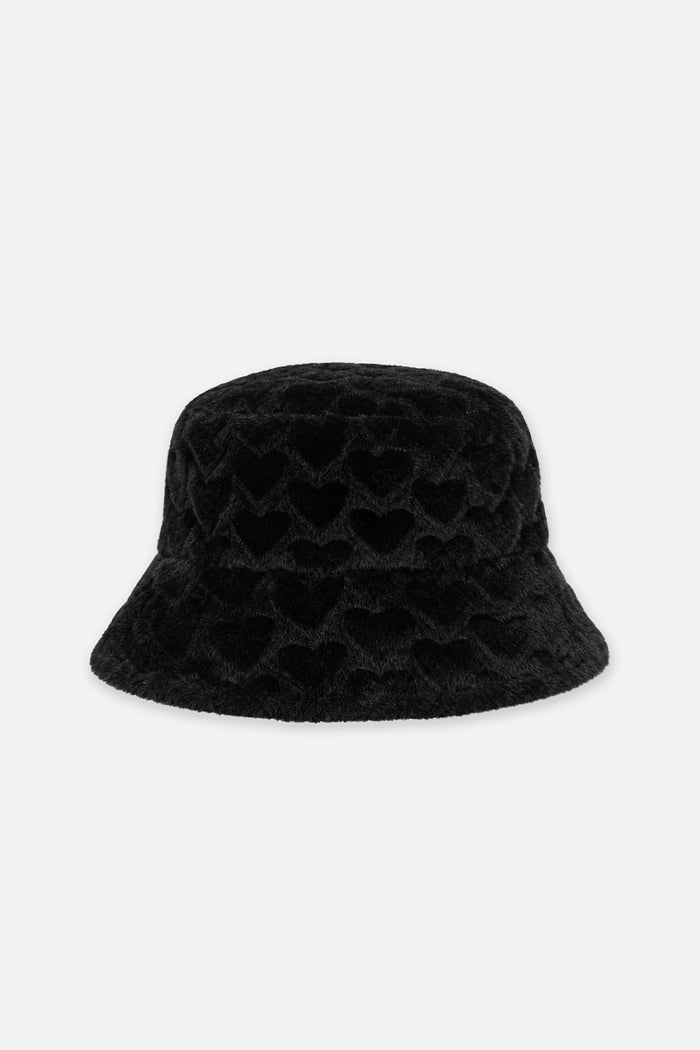 Deux par Deux girls' black faux fur bucket hat with wide brim, front view