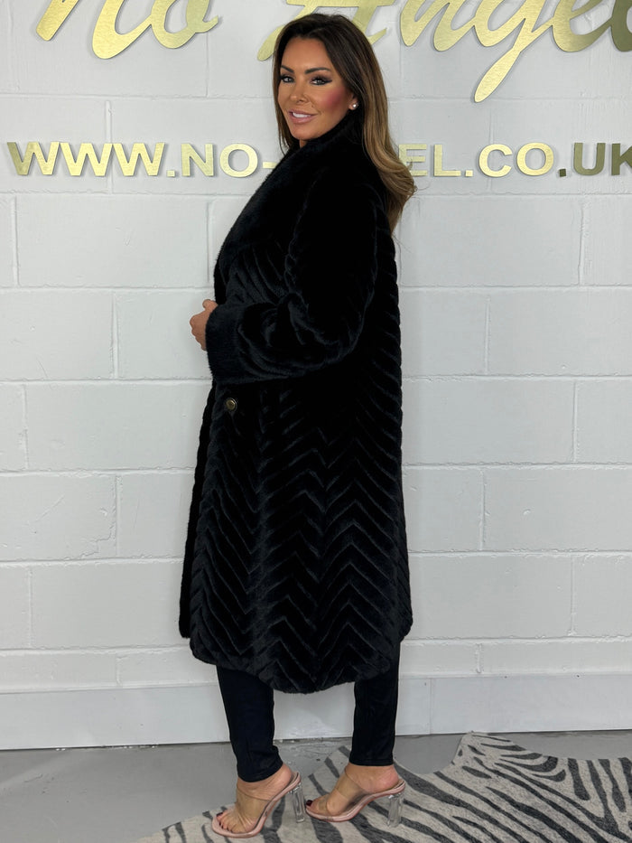 Faux Fur Herringbone Gold Button Chevron Long Coat (2 Colours)