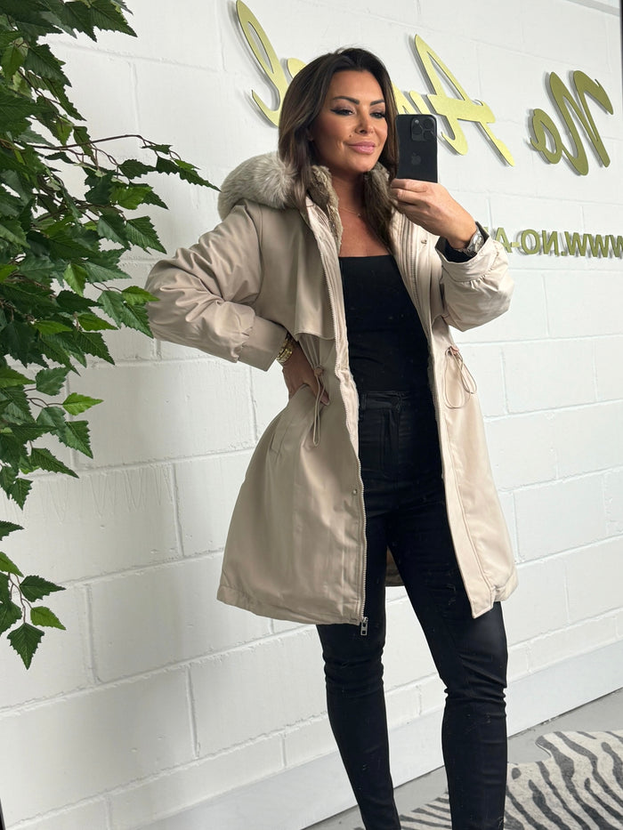 Faux Fur Hooded Drawstring Coat (2 Colours)