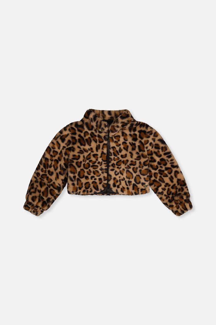 Deux par Deux girls' brown leopard print faux fur jacket with button front, front view