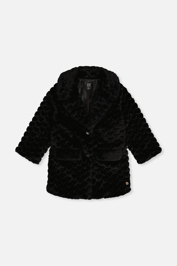 Deux par Deux girls' black faux fur long coat with textured heart pattern, front view