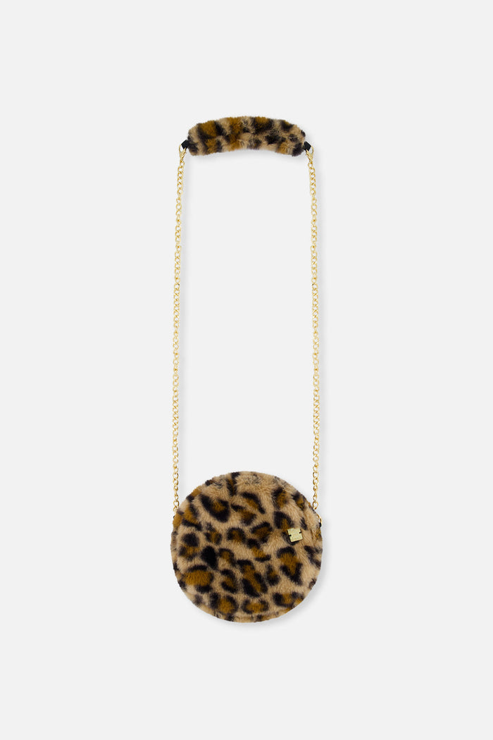 Deux par Deux brown leopard print faux fur shoulder bag with chain strap, front view