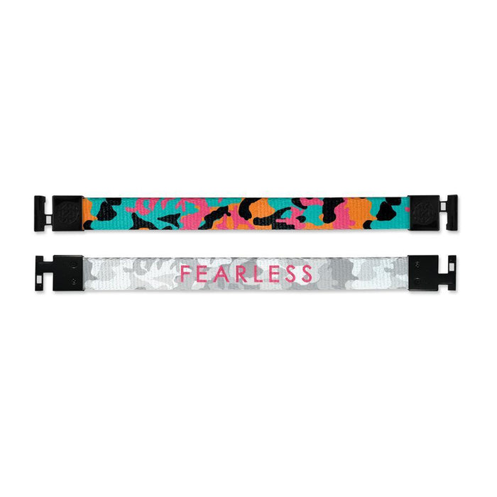 Shows outside and inside design for Fearless imperial with black aglet clasps. Top is outside design of a camo pattern in teal, orange, black, and pink. Bottom is inside design with a faded white background with Fearless in pink text