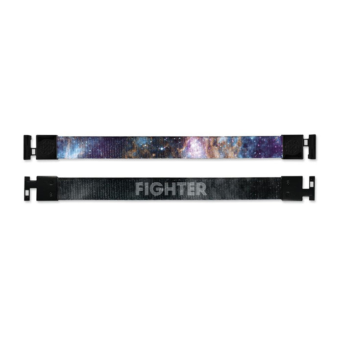 Shows outside and inside design for Fighter imperial with black aglet clasps. Top is outside design with a blended space of dark purple and dark blue. Bottom is the inside design with a black background and Fighter in grey text
