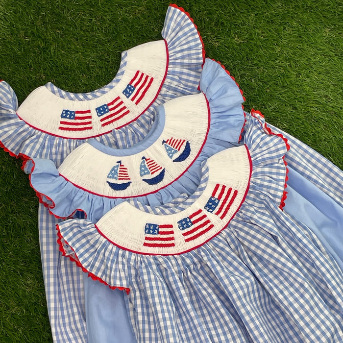 Flag Smocked Dress in Light Blue Gingham