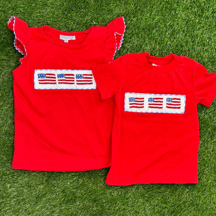 Flag Smocked Girl's Knit Shirt in Red