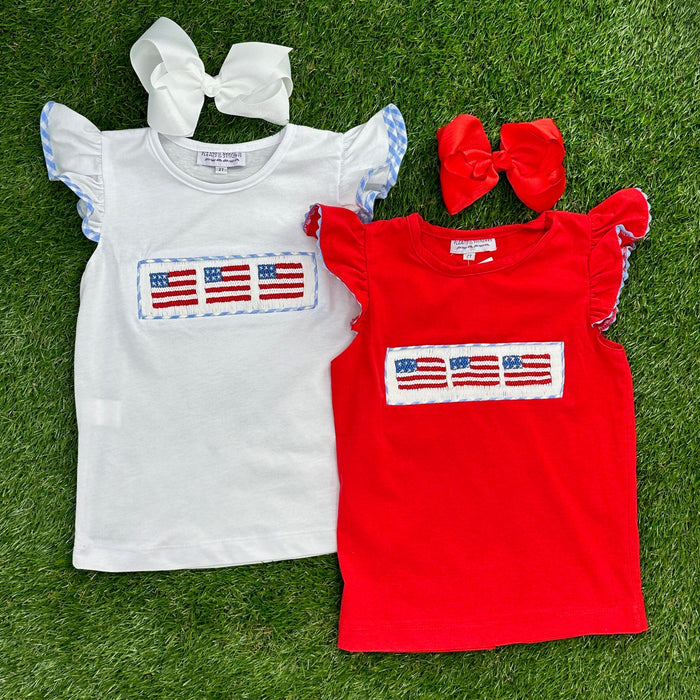Flag Smocked Girl's Knit Shirt in Red