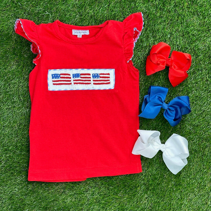 Flag Smocked Girl's Knit Shirt in Red