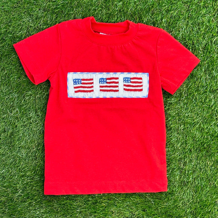 Flag Smocked Knit Shirt in Red