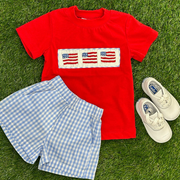 Flag Smocked Knit Shirt in Red