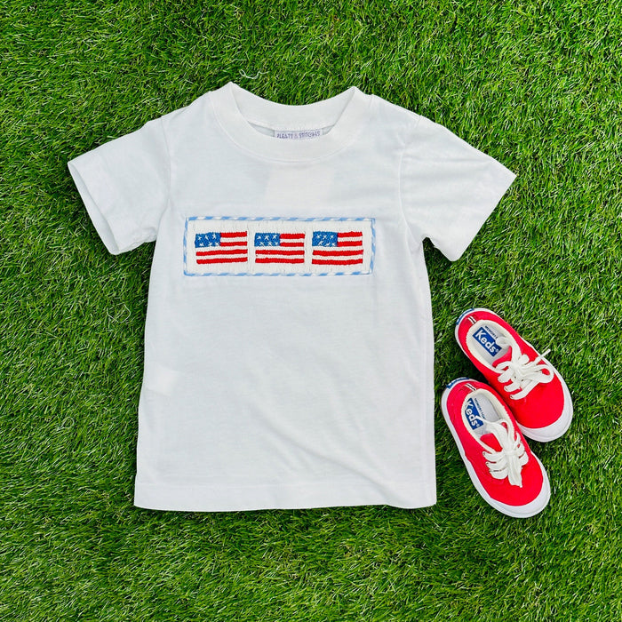 Flag Smocked Knit Shirt in White