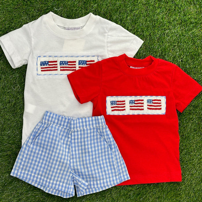 Flag Smocked Knit Shirt in White