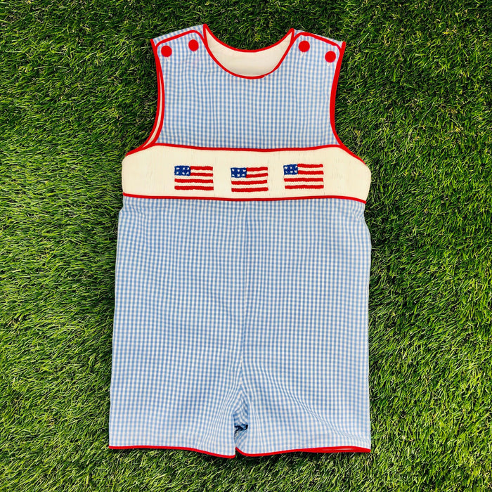 Flag Smocked shortall in light blue gingham