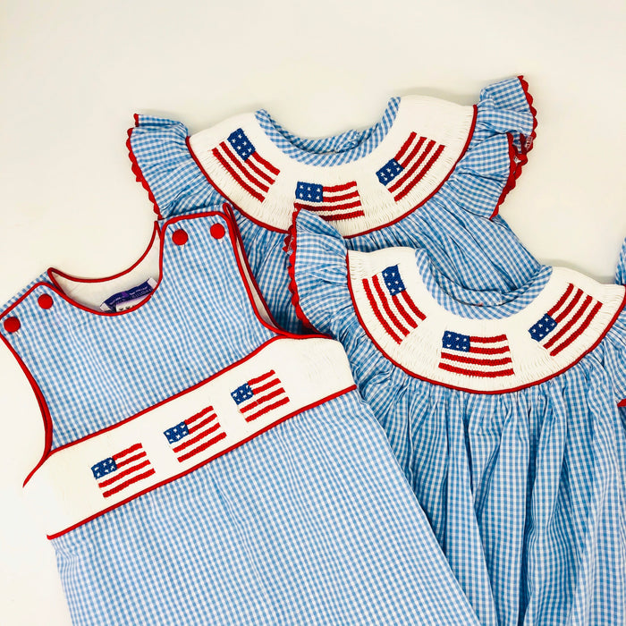 Flag Smocked shortall in light blue gingham
