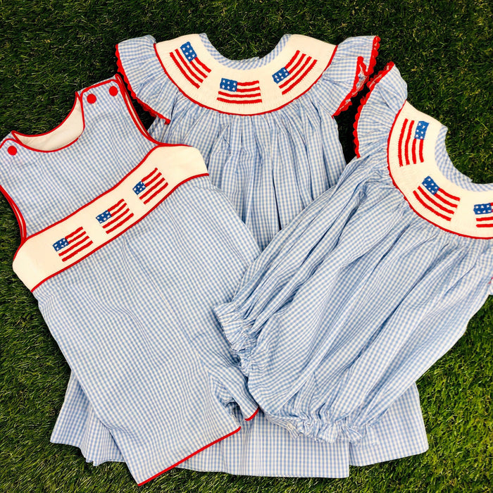 Flag Smocked shortall in light blue gingham