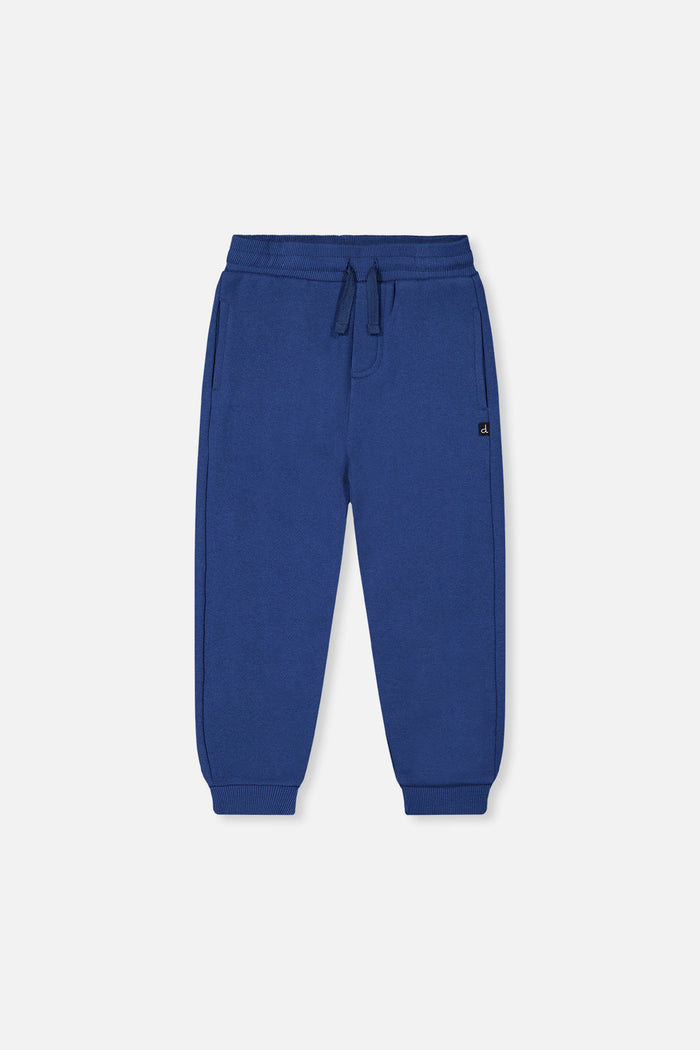 Deux par Deux kids fleece jogger sweatpants in blue, front view