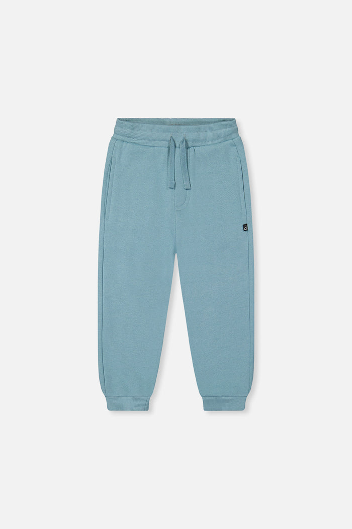 Deux par Deux kids fleece jogger sweatpants in pale turquoise, front view