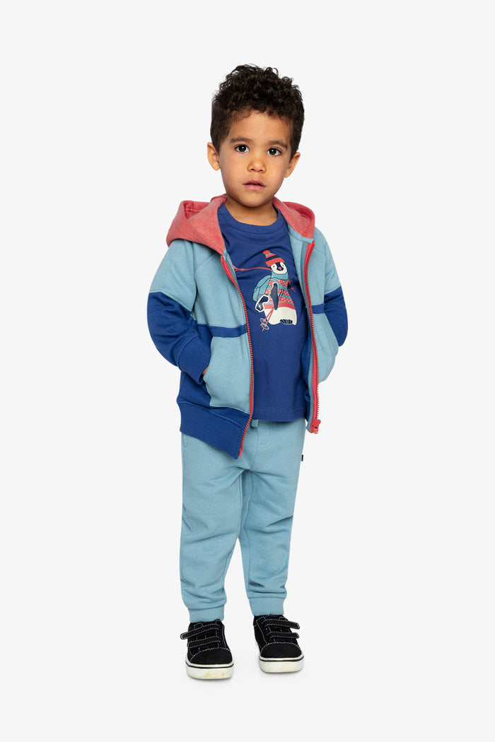 Child wearing Deux par Deux fleece jogger sweatpants in pale turquoise, full outfit lookbook view