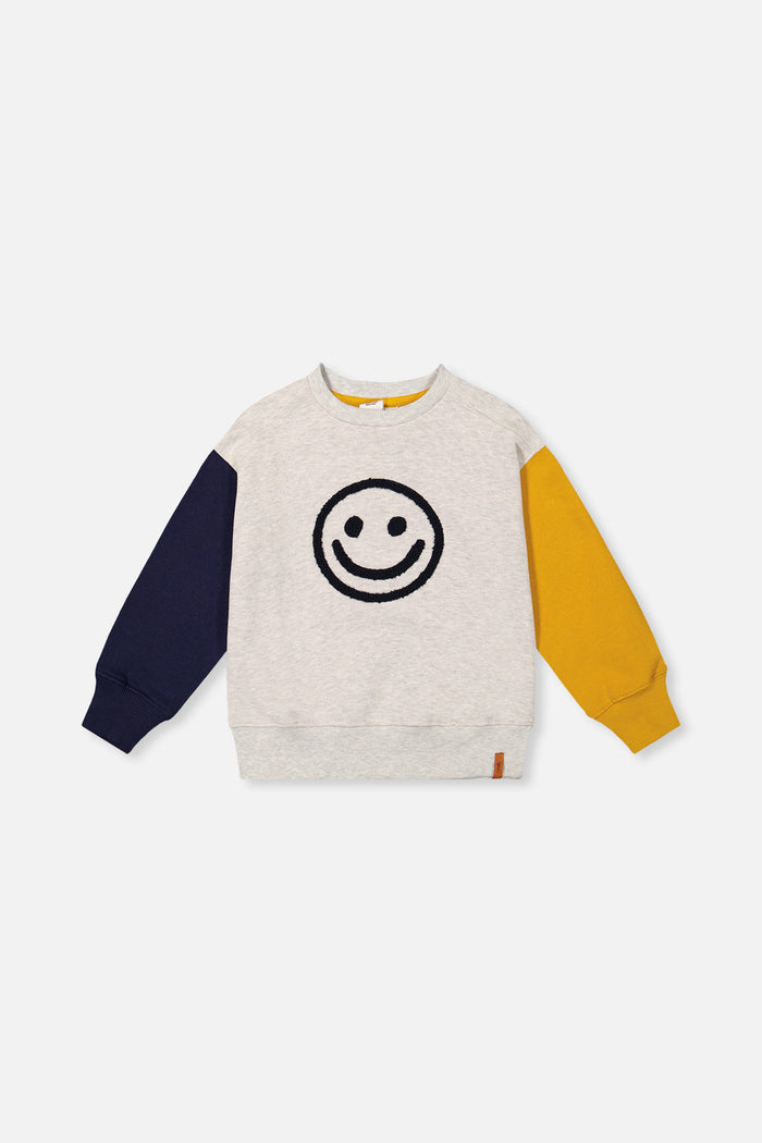 Deux par Deux fleece sweatshirt in heather grey, yellow and blue with smiley face graphic, front view