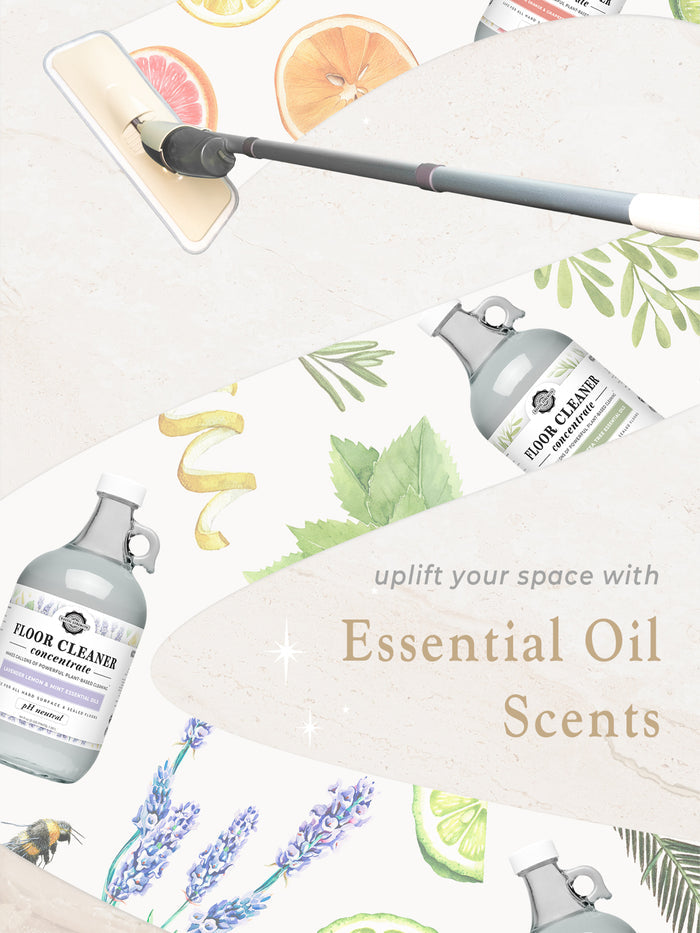 Rustic Strength, Floor Cleaner Concentrate Graphic with a mop revealing botanical images. Caption, "uplift your space with Essential Oil Scents"