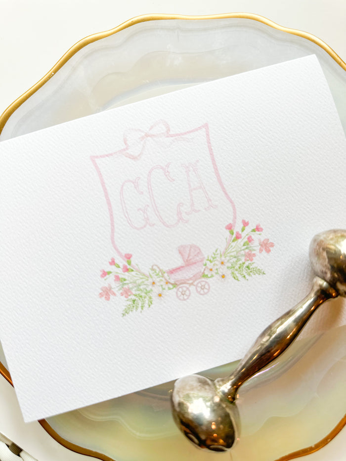 Floral Baby Crest Folded Notecard {pink}