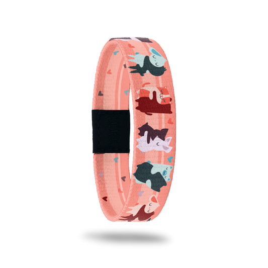 Outside Design of Forgive Yourself: pink background with blue, red, and purple hugging animals and hearts