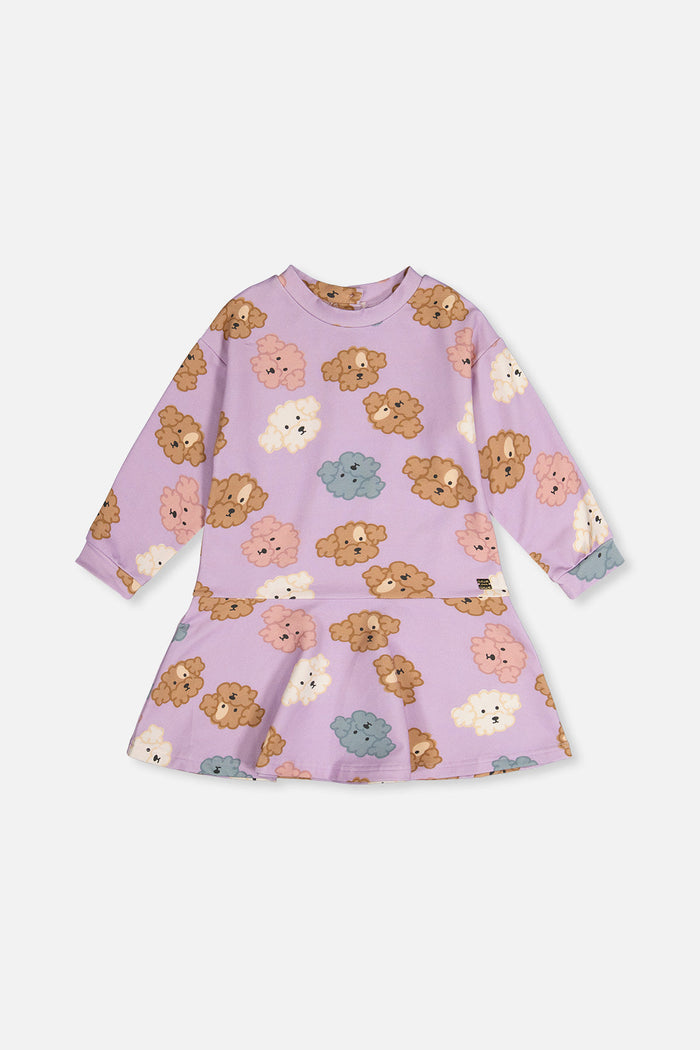 Deux par Deux girls' purple poodle print French terry dress with long sleeves, front view