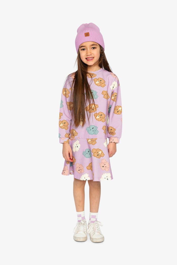 Lookbook: child wearing the Deux par Deux purple poodle print dress