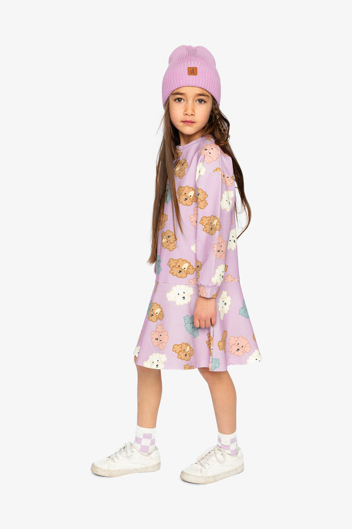 Lookbook: child in the purple poodle print French terry dress by Deux par Deux