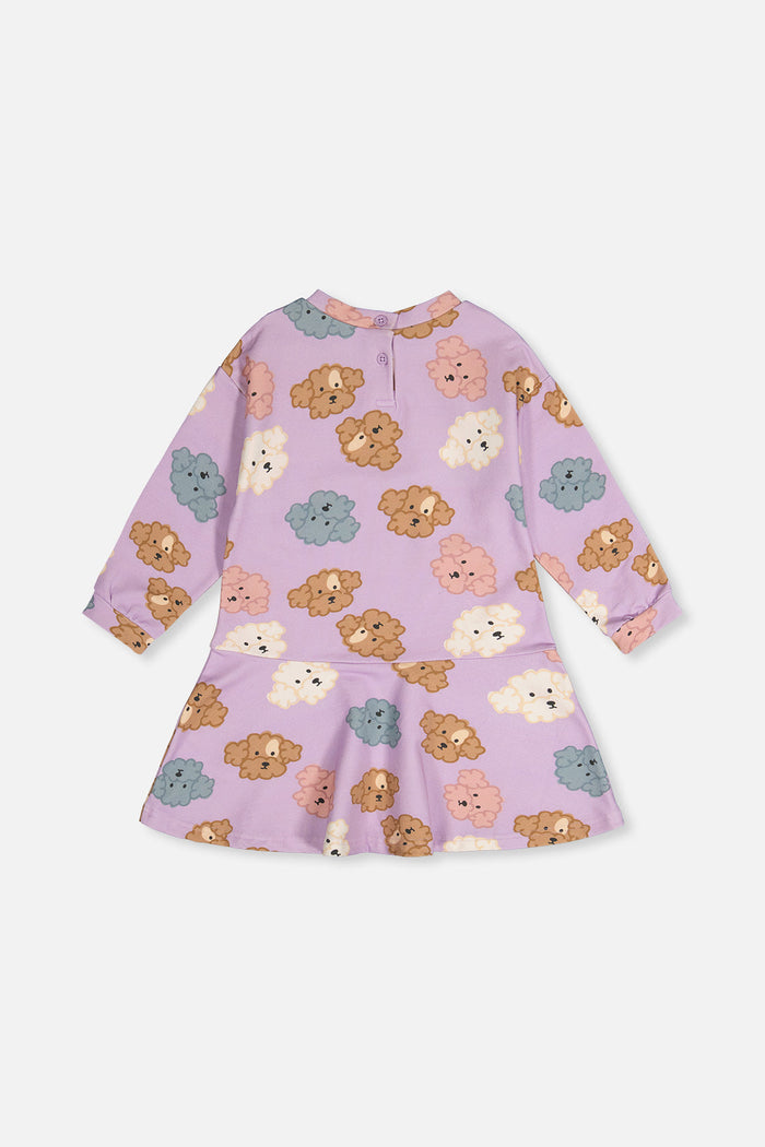 Deux par Deux girls' purple poodle print French terry dress, back view