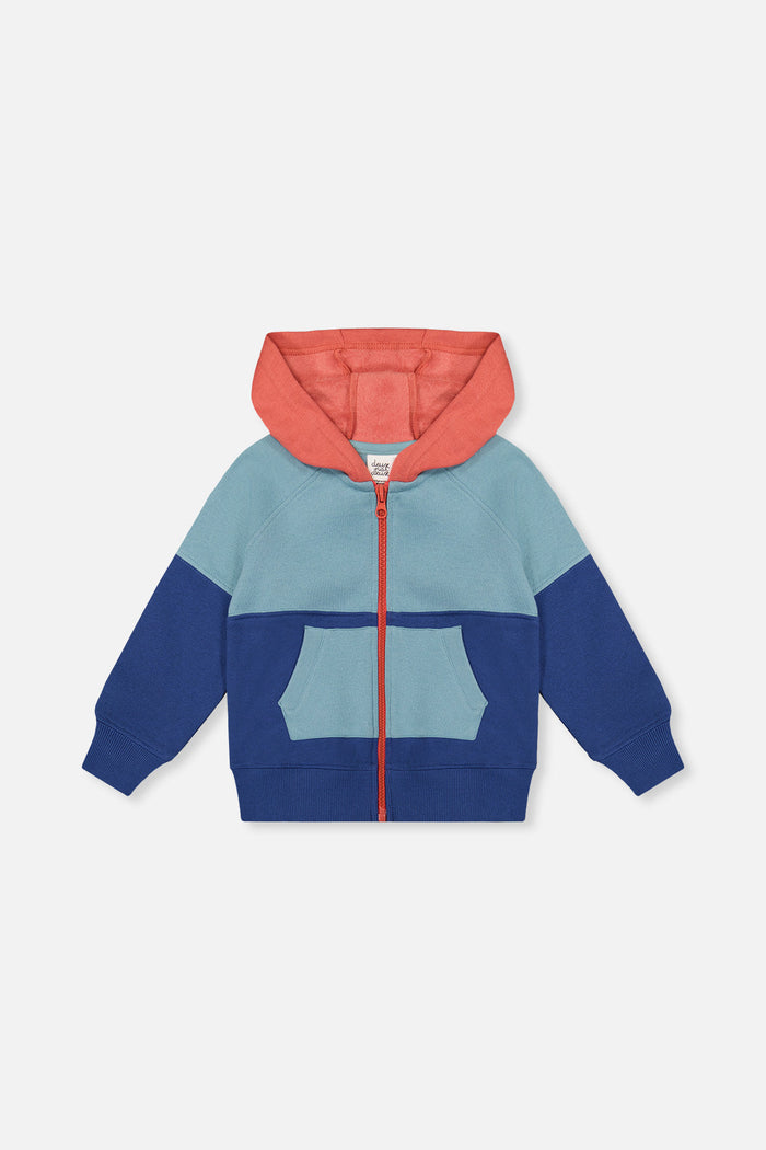 Deux par Deux boys hooded fleece zip jacket in blue, turquoise and orange, front view