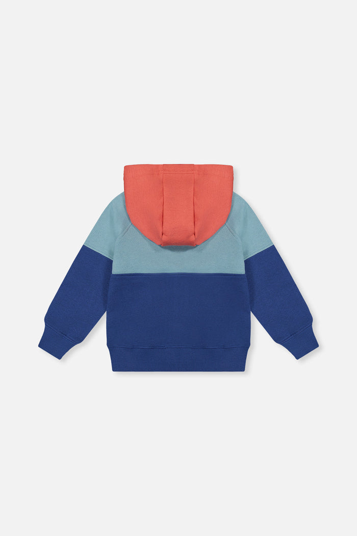 Deux par Deux boys hooded fleece zip jacket, back view with orange hood