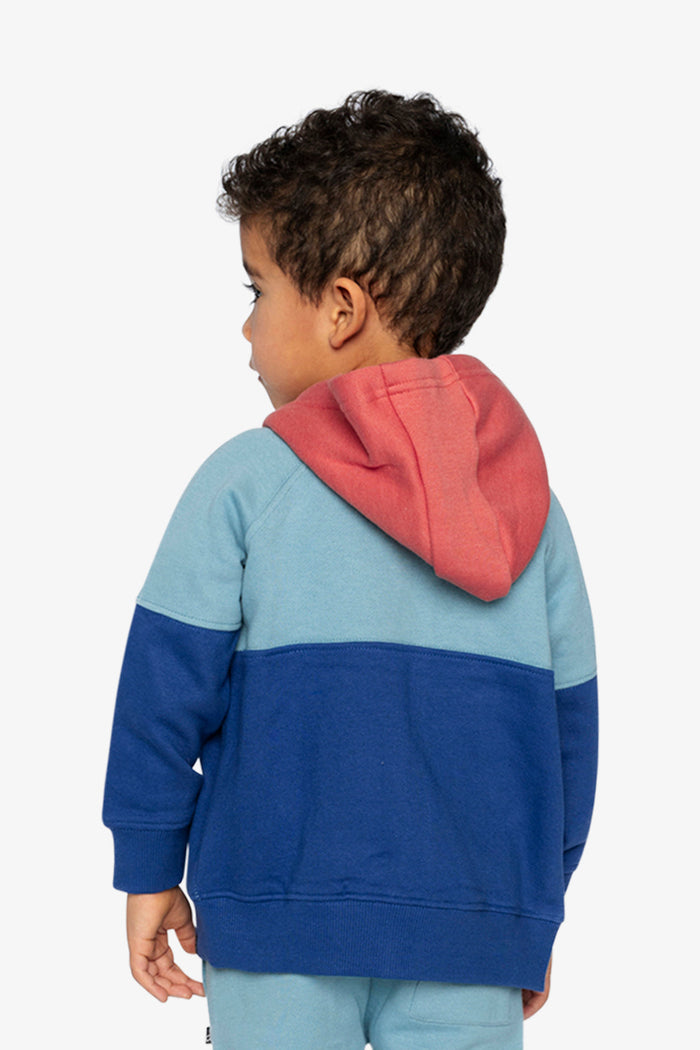Boy in the Deux par Deux colour-block hooded fleece jacket, back view