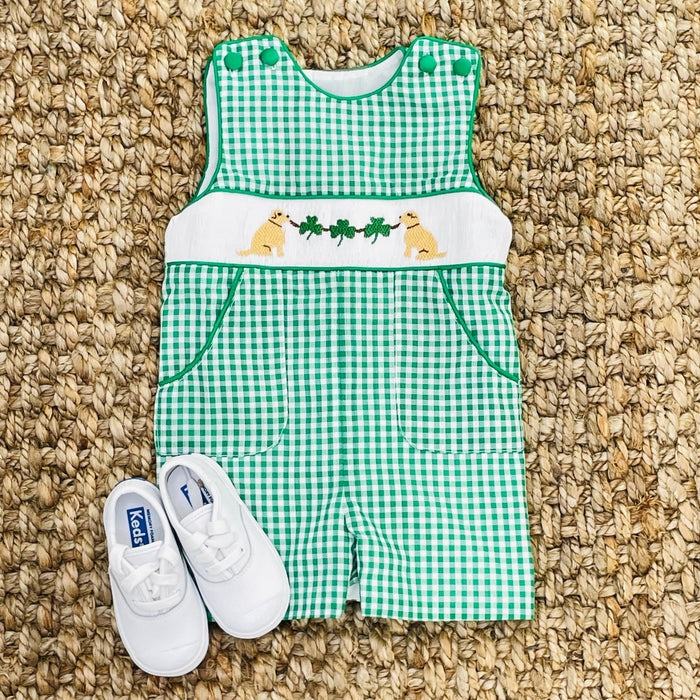 Gingham Shamrock and Puppy Smocked Shortall