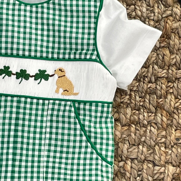 Gingham Shamrock and Puppy Smocked Shortall