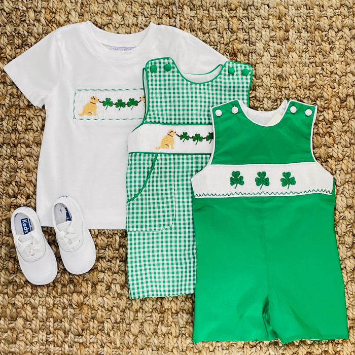 Gingham Shamrock and Puppy Smocked Shortall