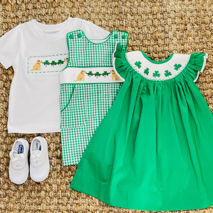 Gingham Shamrock and Puppy Smocked Shortall