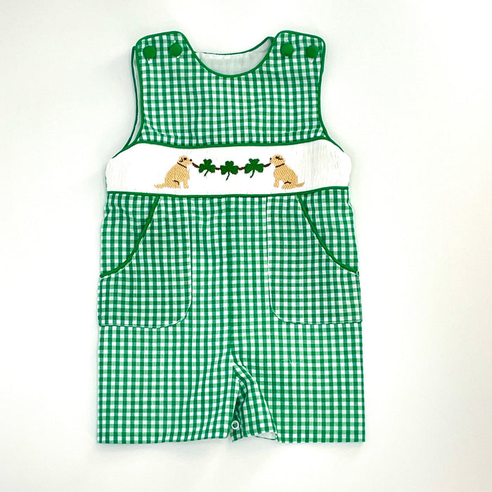 Gingham Shamrock and Puppy Smocked Shortall