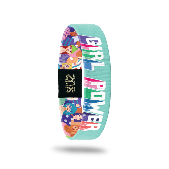 Inside Design of Girl Power: light blue background with bold white text that is shadowed with purple, pink, green, blue, and orange below